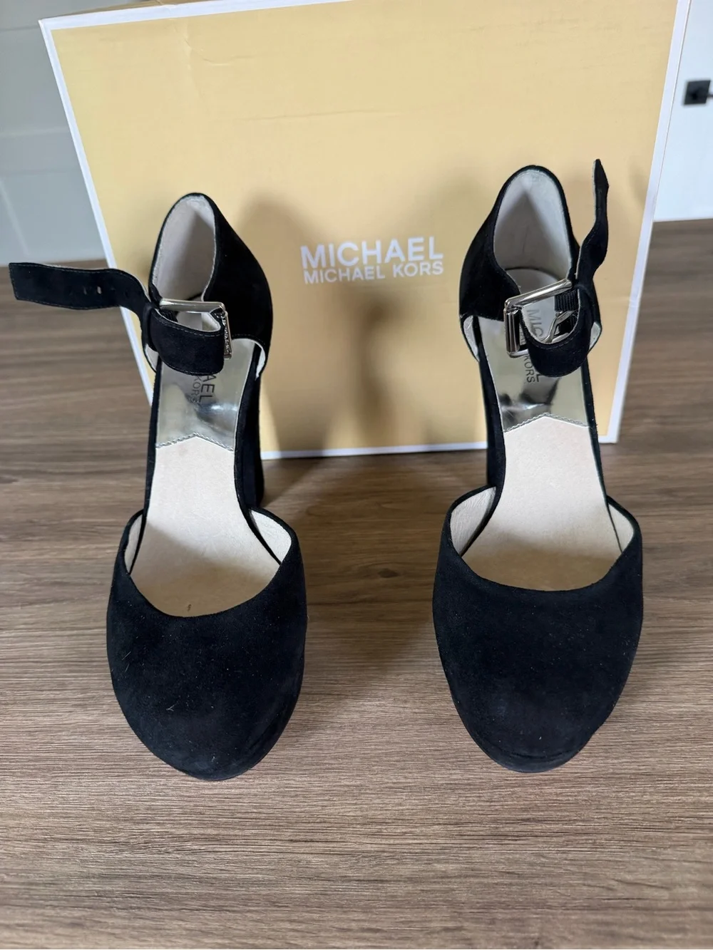 Michael Kors Haven Suede Platform Ankle Strap Block Heel Pump Black Size 8.5 Box